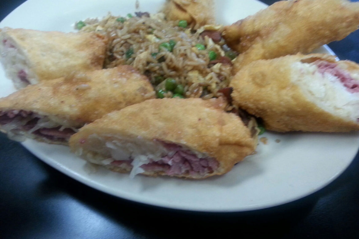 Reuben Egg roll with pastrami fried rice